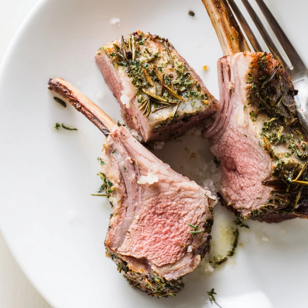 Herb-crusted Roasted Rack of Lamb rests on a platter, garnished with fresh rosemary sprigs and served with lemon wedges for a bright finish.