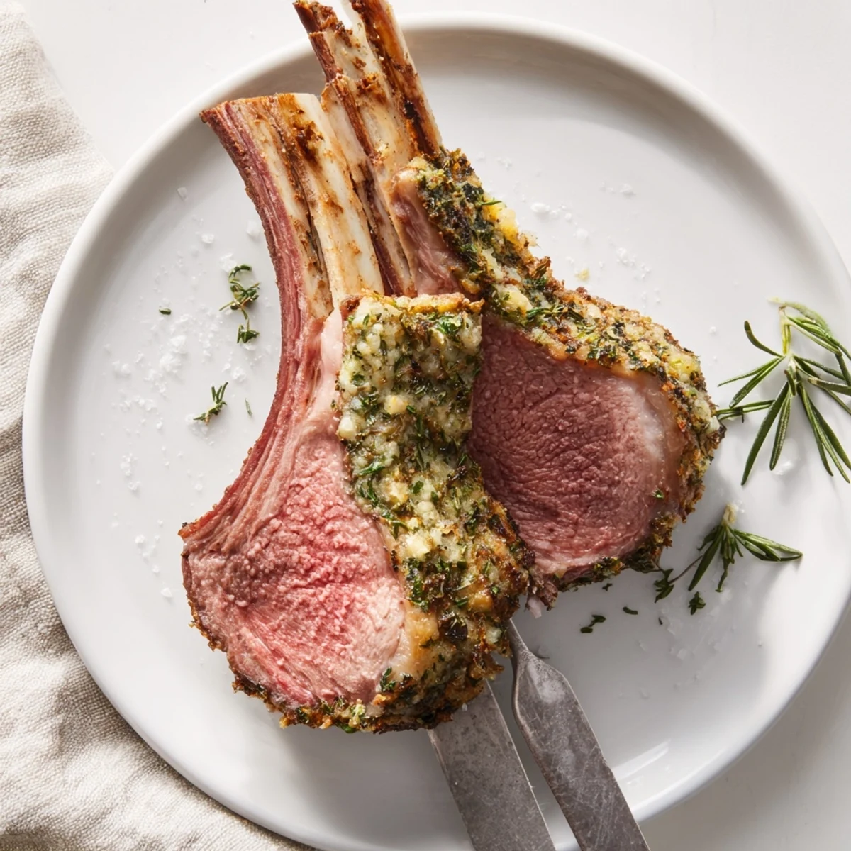 Freshly roasted Roasted Rack of Lamb showcases a golden, garlic-herb crust and tender pink meat, ready to be sliced for four elegant dinner guests.
