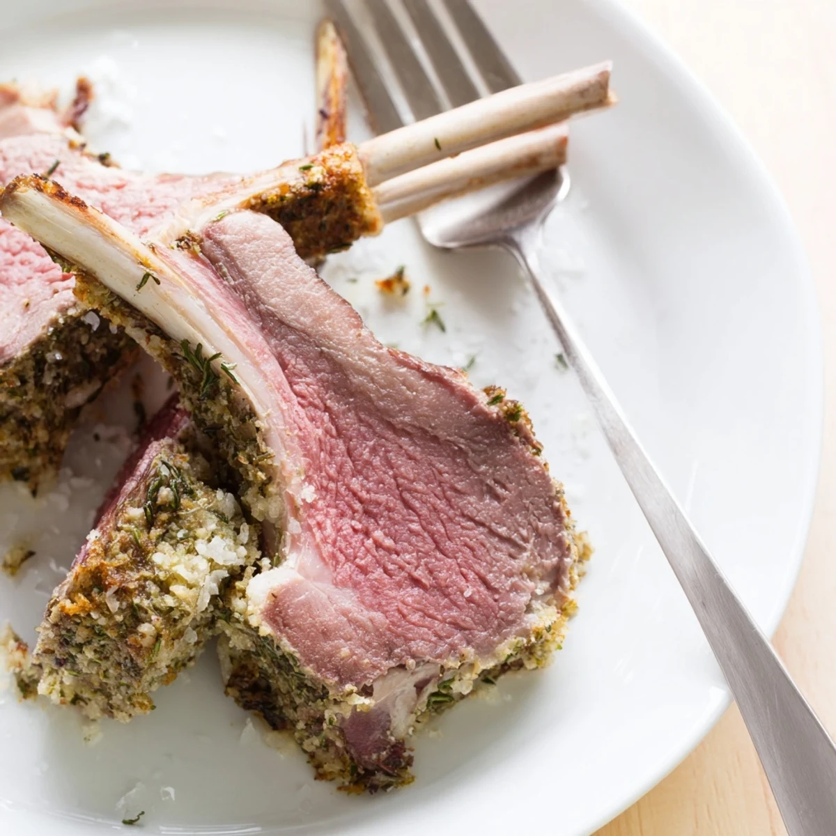 Sliced Roasted Rack of Lamb chops fanned out on a wooden board, flaky sea salt visible, alongside thyme and rosemary for a rustic French presentation.