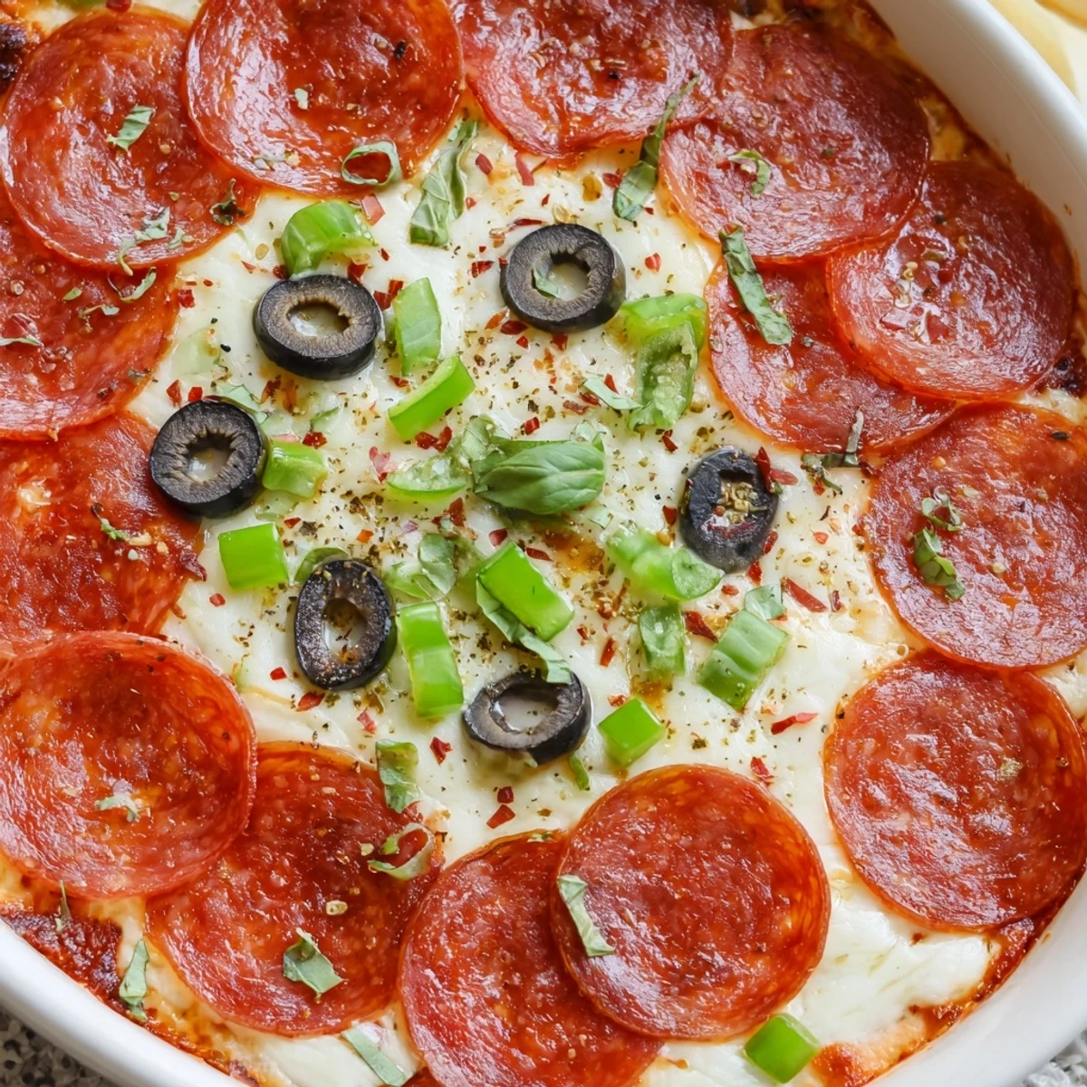 Golden bubbly Pepperoni Pizza Dip in a baking dish, topped with beef pepperoni slices and fresh basil, surrounded by breadsticks and sliced baguette for dipping.