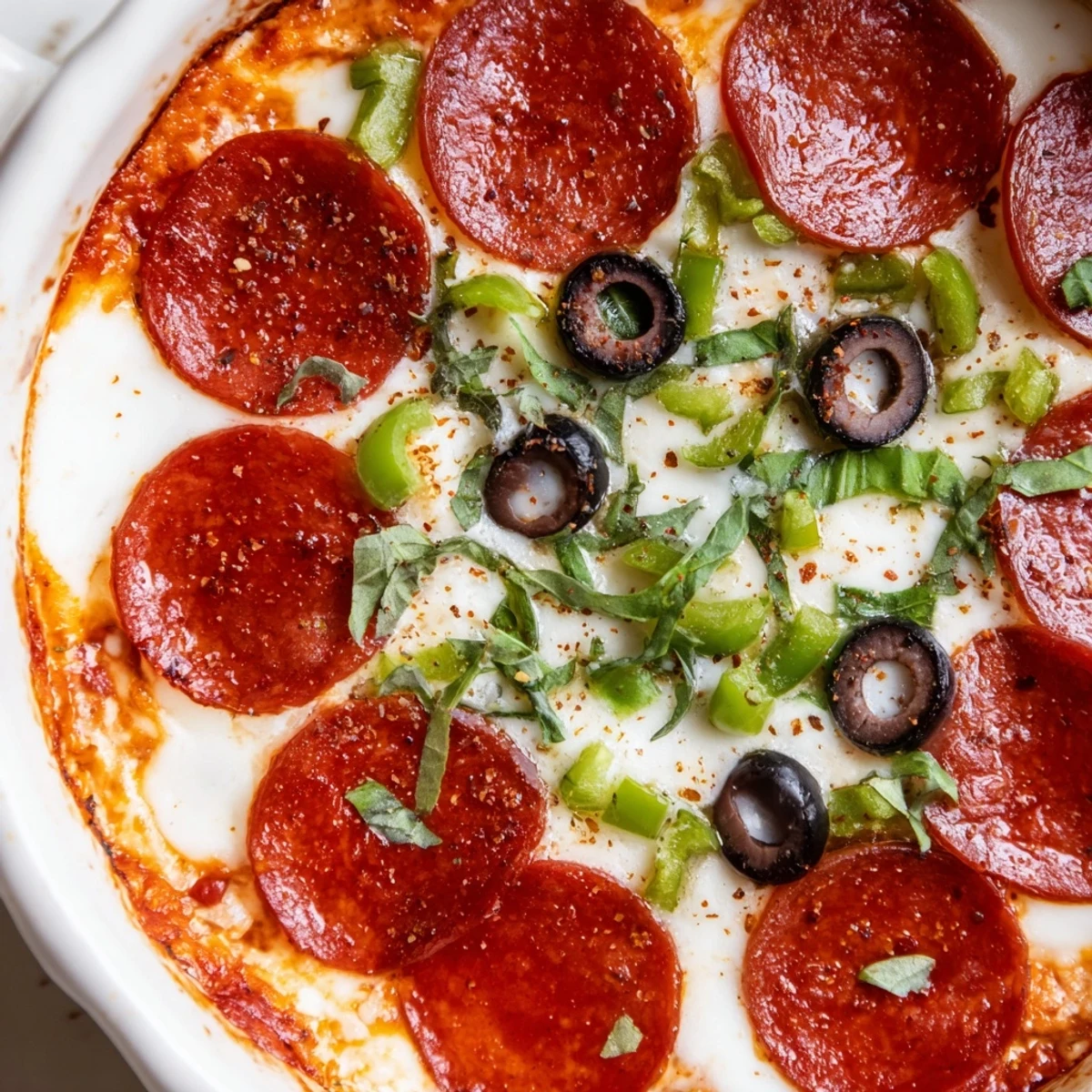 A close-up of a warm Pepperoni Pizza Dip with melted mozzarella and Parmesan, speckled with oregano, ready to scoop with crunchy crackers.