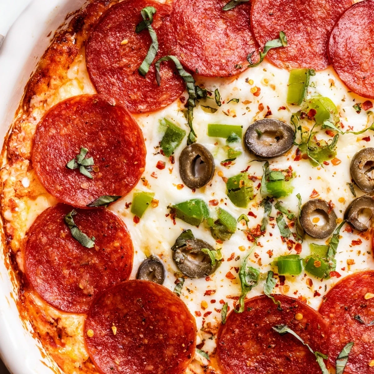Savory Pepperoni Pizza Dip served in an ovenproof dish, featuring zesty pizza sauce, gooey cheese layers, and optional green bell peppers and black olives.