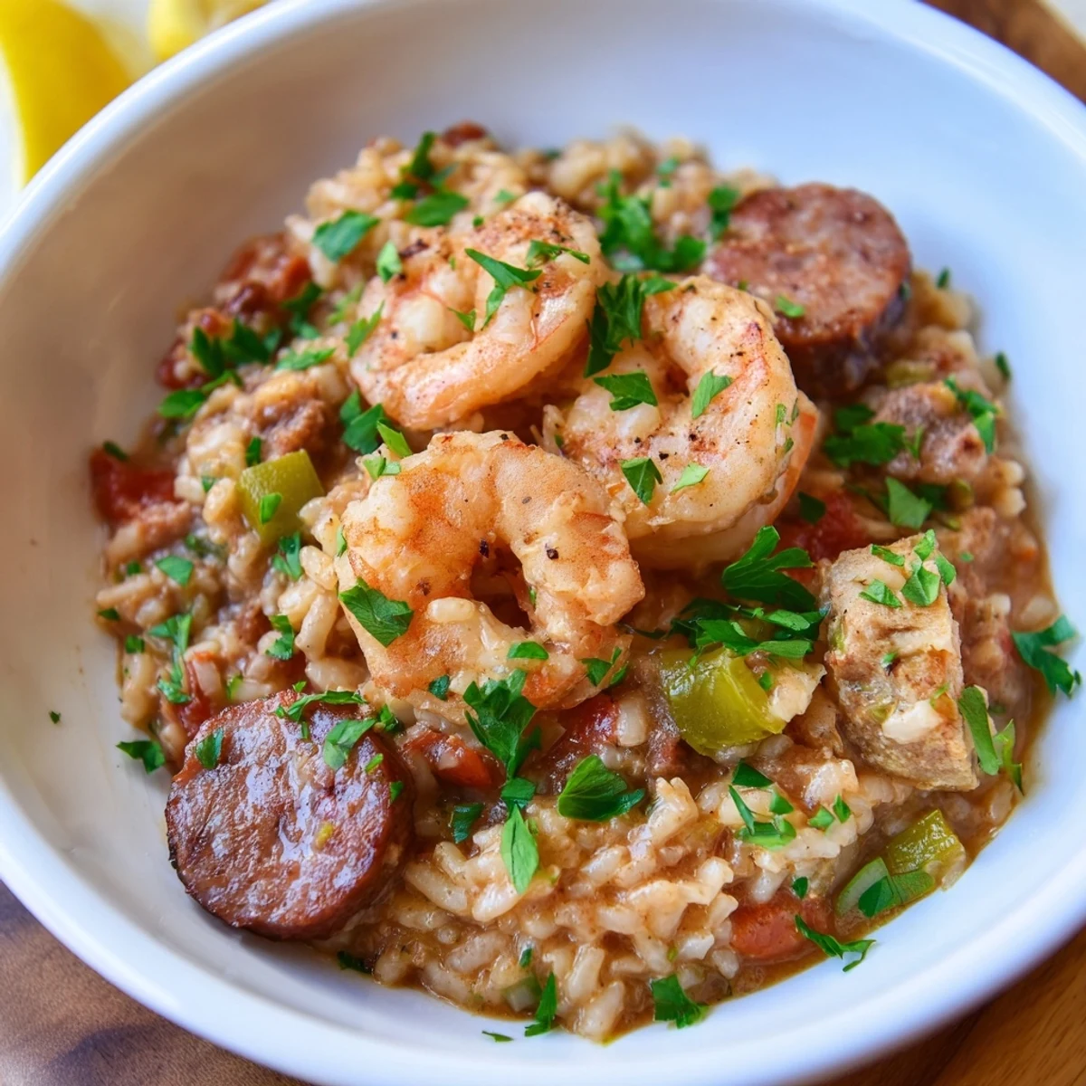 A close-up of Creole Jambalaya Risotto with plump pink shrimp and slices of andouille sausage on creamy Arborio rice.  
