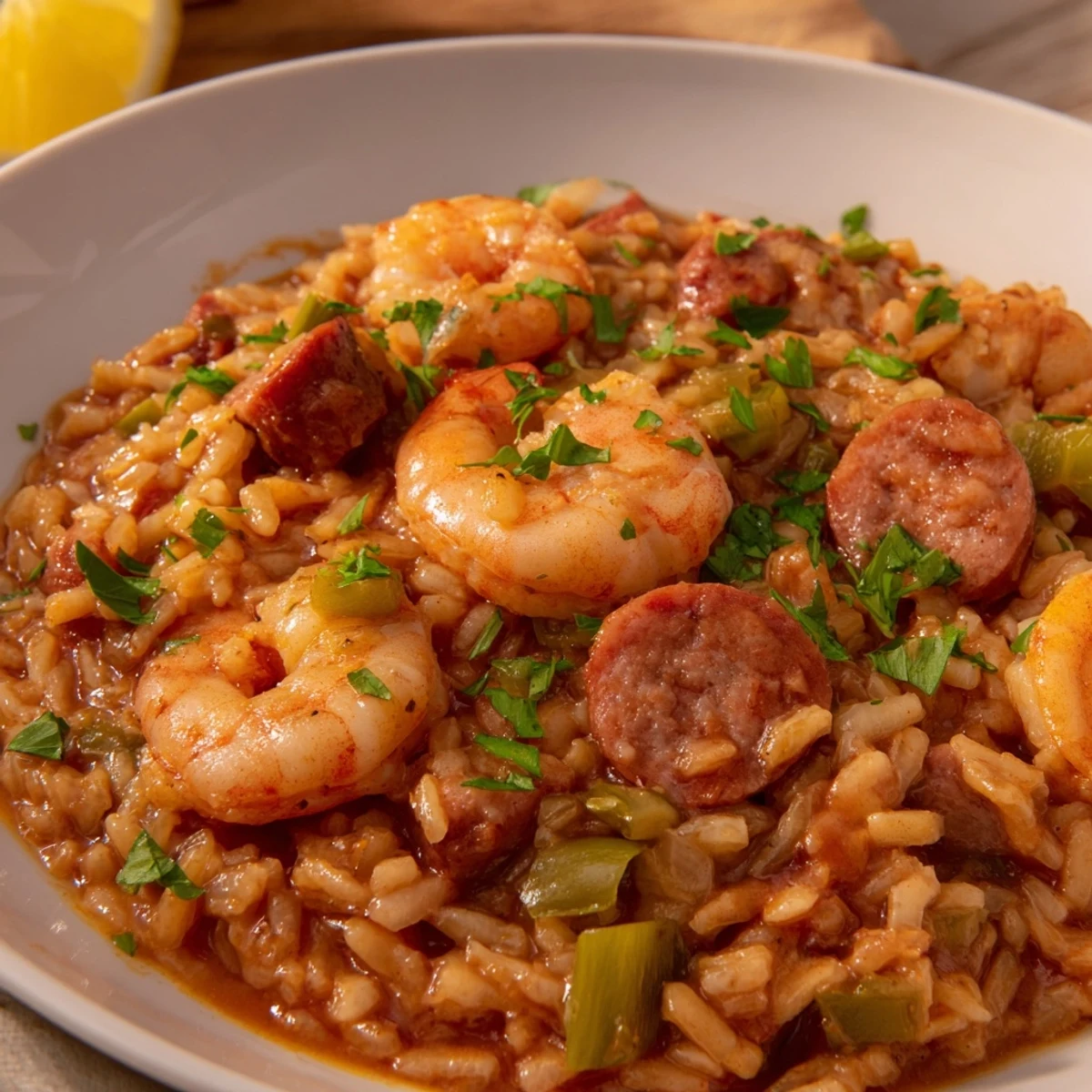 A vibrant bowl of Creole Jambalaya Risotto garnished with fresh parsley and lemon wedges for a bright, zesty finish.  