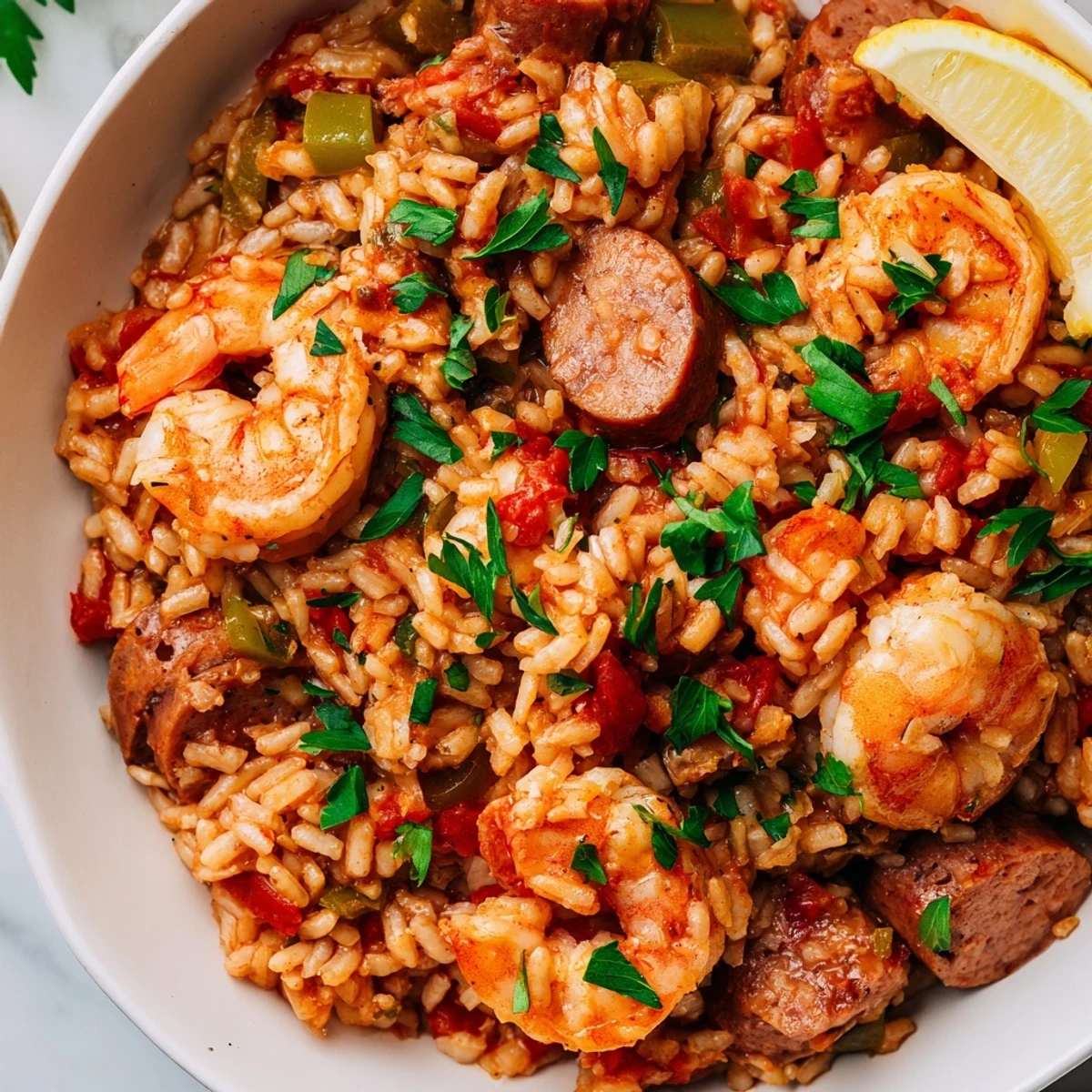 Steam rises from a skillet of Creole Jambalaya Risotto, revealing a creamy texture with diced bell peppers and aromatic spices.