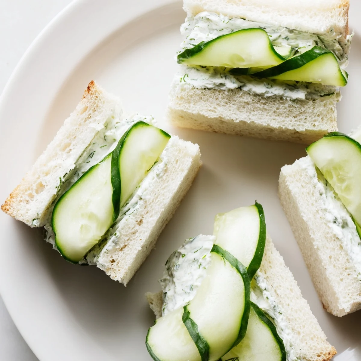 Close-up of Cucumber Sandwiches with Herb Cream Cheese on a platter, showing crisp slices and creamy spread on soft bread, ready for tea time.