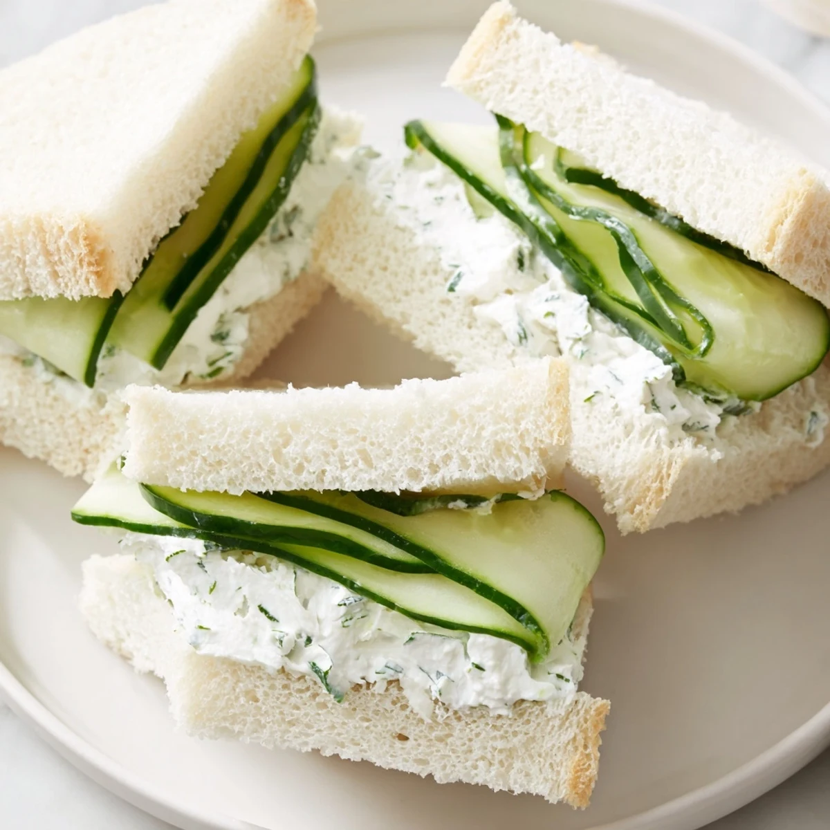 Overhead view of Cucumber Sandwiches with Herb Cream Cheese, highlighting quartered triangles with visible herb flecks and thin cucumber layers inside.