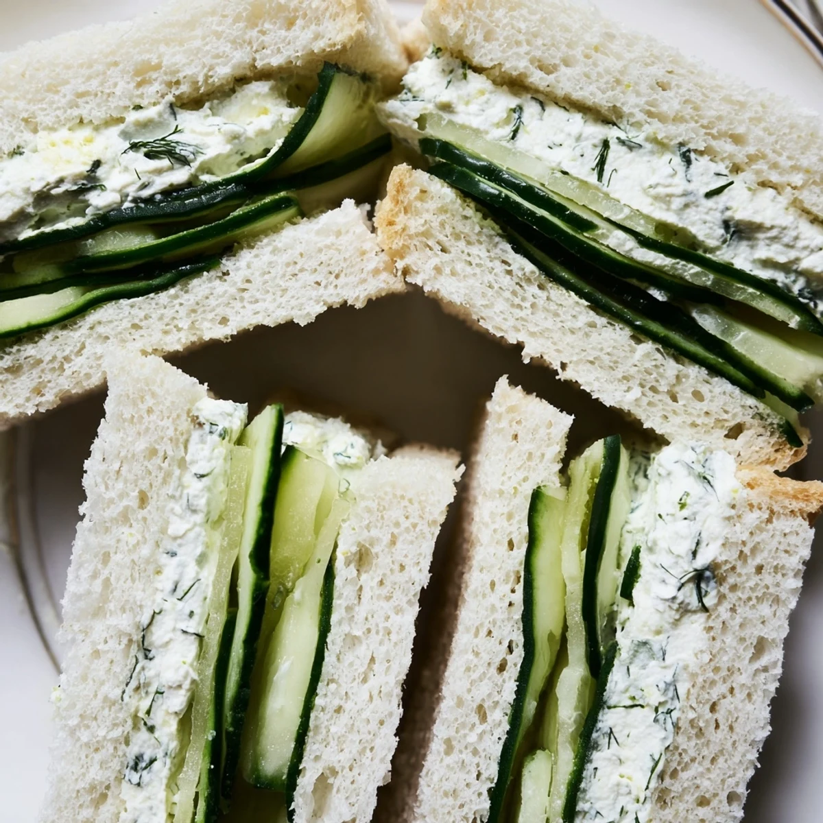 Freshly prepared Cucumber Sandwiches with Herb Cream Cheese stacked on a white plate, garnished with dill and perfect for a light, elegant appetizer.