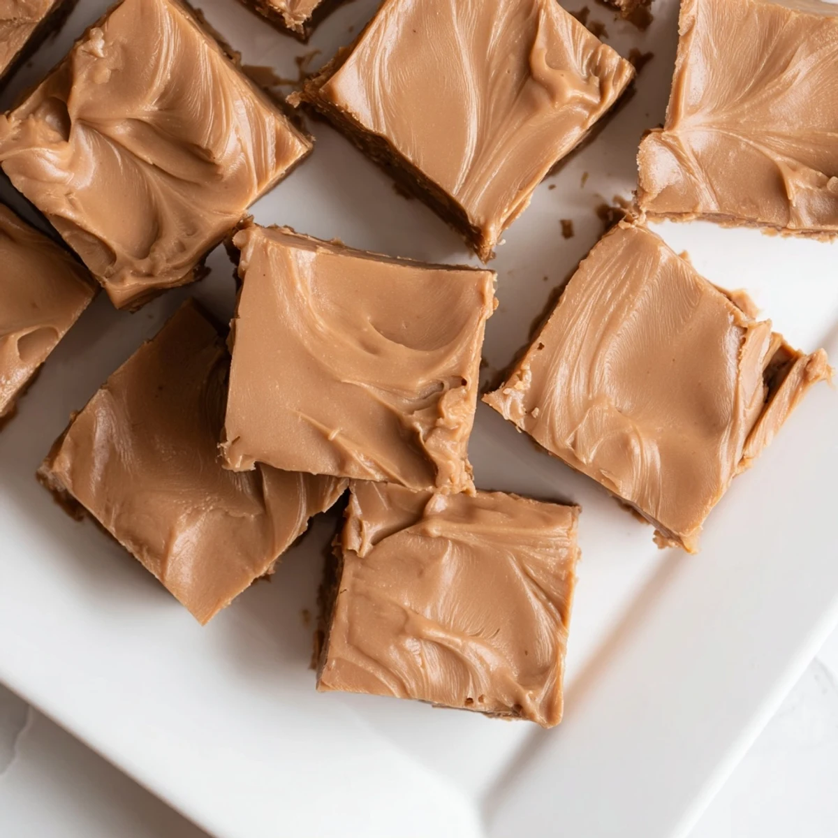 Square pieces of Irish Cream Fudge show a glossy, creamy texture speckled with cocoa and coffee granules, perfect for a family-friendly holiday dessert.  