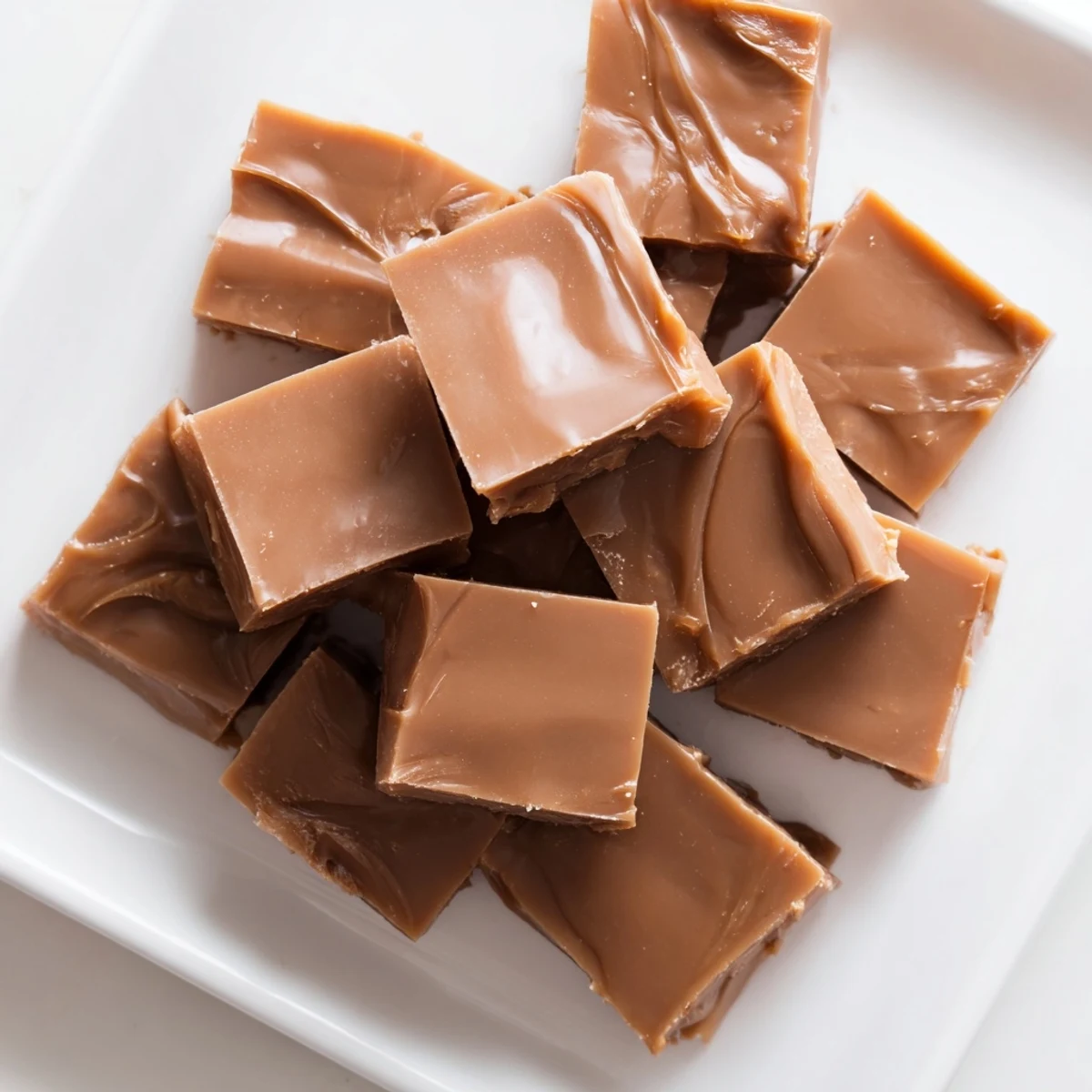 Sliced Irish Cream Fudge squares stacked on a plate, next to a glass of milk, highlighting the rich chocolate and vanilla aroma.  