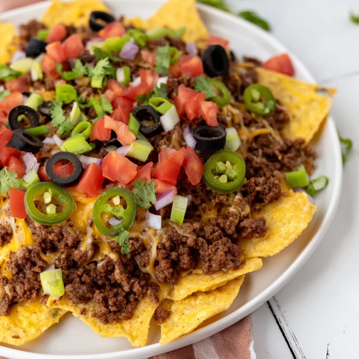 Golden, bubbly cheese blankets crispy tortilla chips and seasoned ground beef on this hearty Nacho Platter with Ground Beef and Cheese.