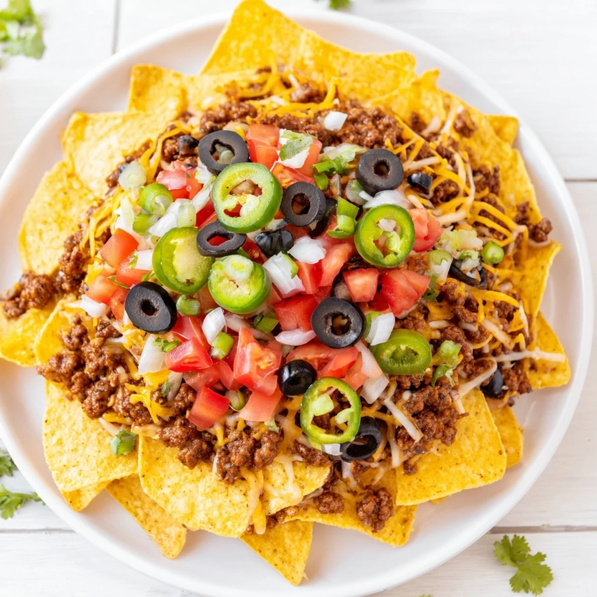 Piled high with savory beef and two melty cheeses, this Nacho Platter with Ground Beef and Cheese is ready for game day.