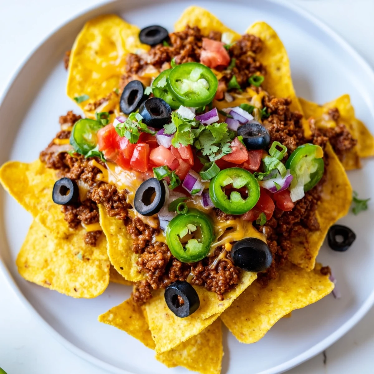 A close-up of loaded Nacho Platter with Ground Beef and Cheese, topped with fresh tomatoes, jalapeños, and dollops of sour cream.