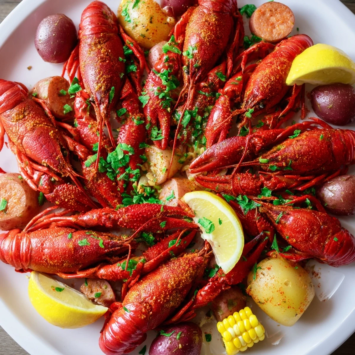 Louisiana Style Crawfish Boil with potatoes and corn steaming on a platter, ready for a festive Cajun feast.