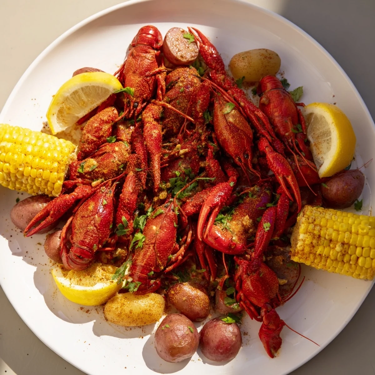 Heaping serving of Louisiana Style Crawfish Boil featuring seasoned crawfish, tender potatoes, and corn with Cajun spices.