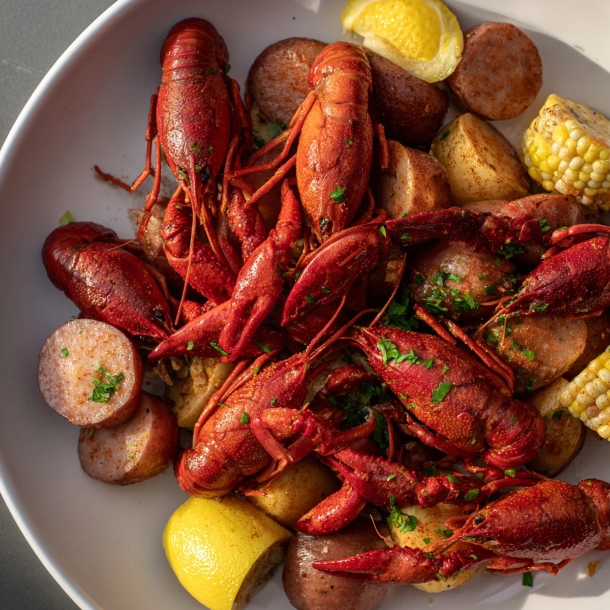 A rustic table spread of Louisiana Style Crawfish Boil with red potatoes, corn, and smoked sausage served with lemon.