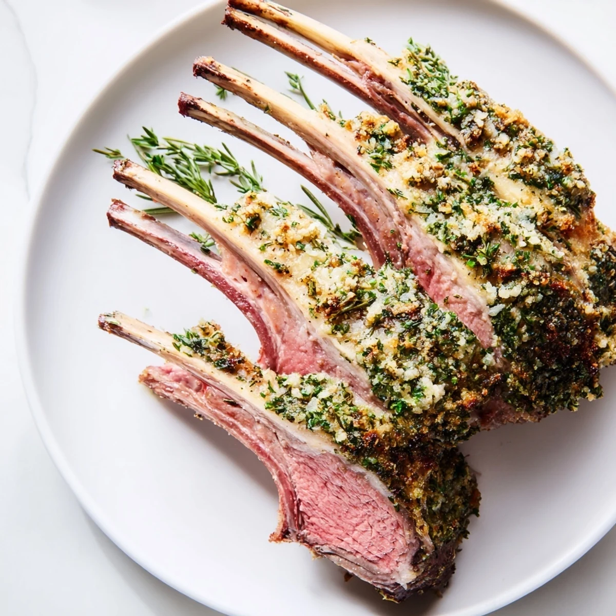 Fresh rosemary and thyme garnish the golden-brown herb crusted rack of lamb ready to serve.