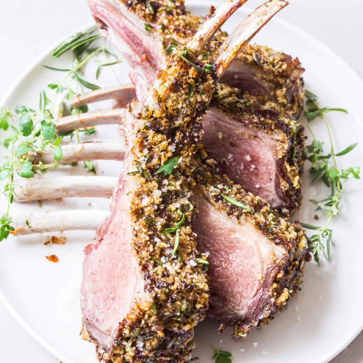 Perfectly roasted rack of lamb with garlic and herbs, resting on a cutting board before slicing.