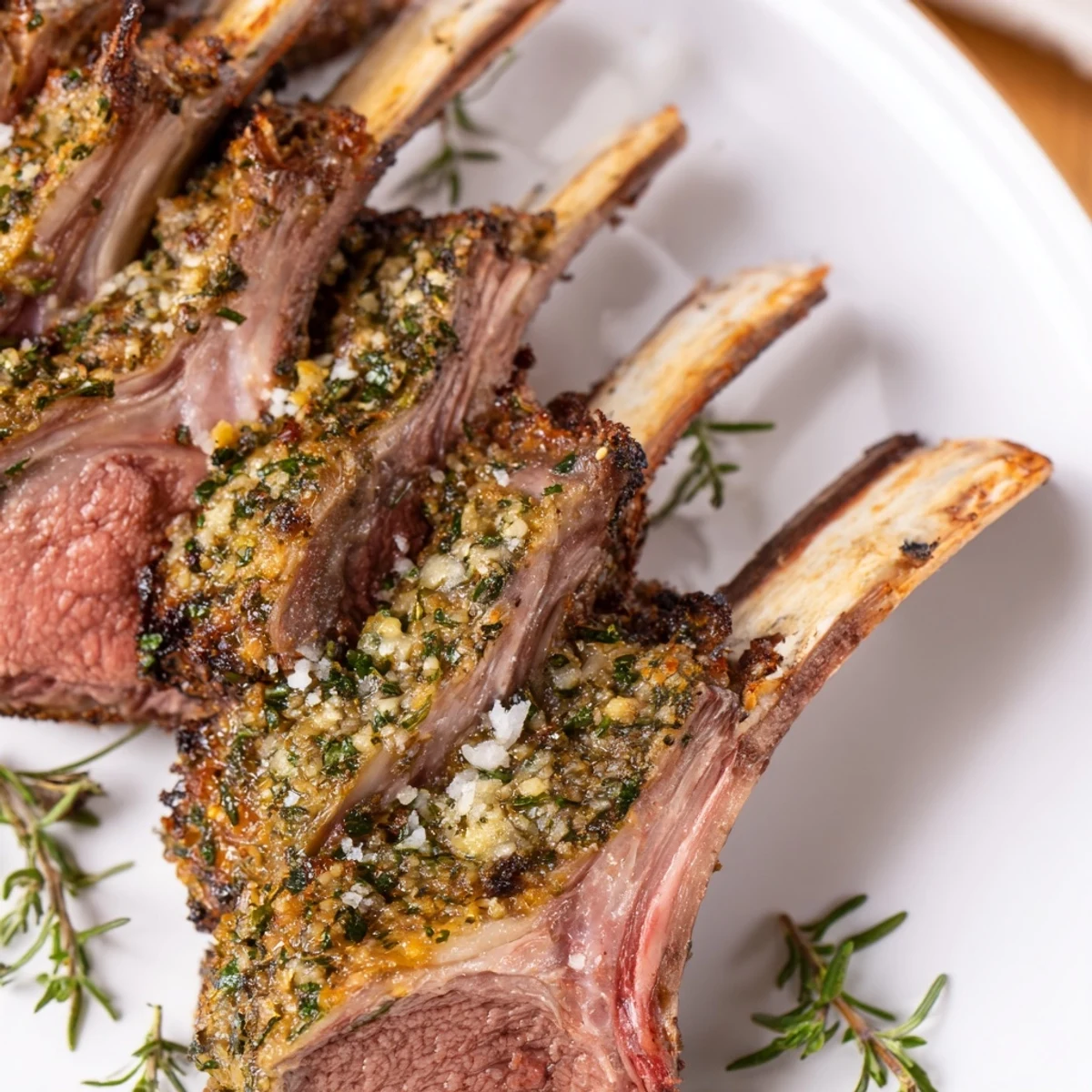 Succulent rack of lamb with herbs and garlic paired with roasted potatoes for an elegant dinner.