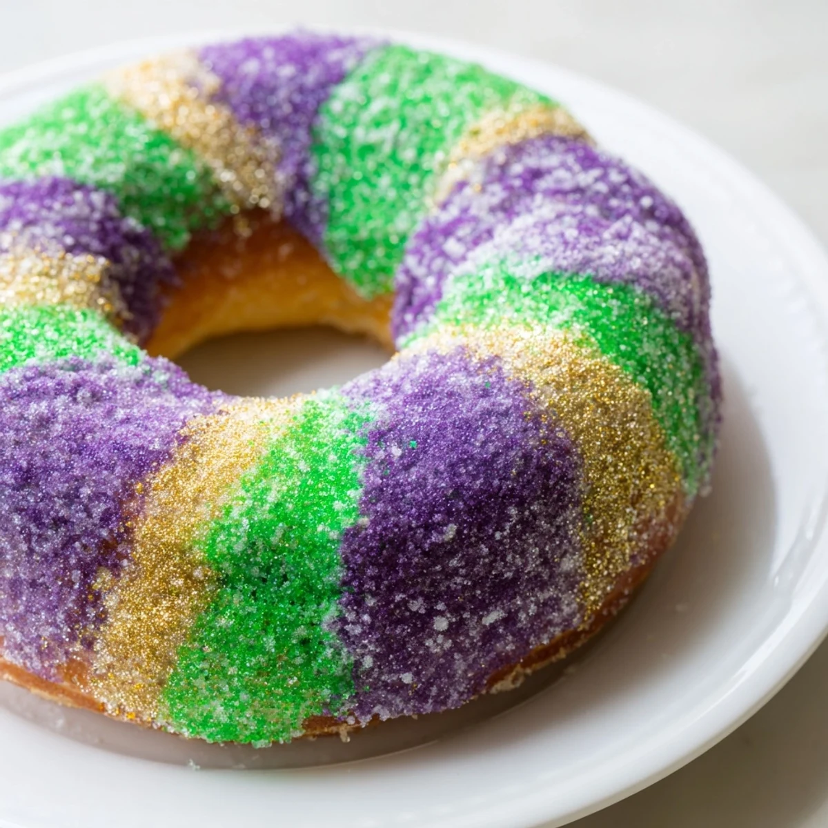 Freshly fried Mardi Gras Donuts dusted with purple, green, and gold colored sugar on a napkin.