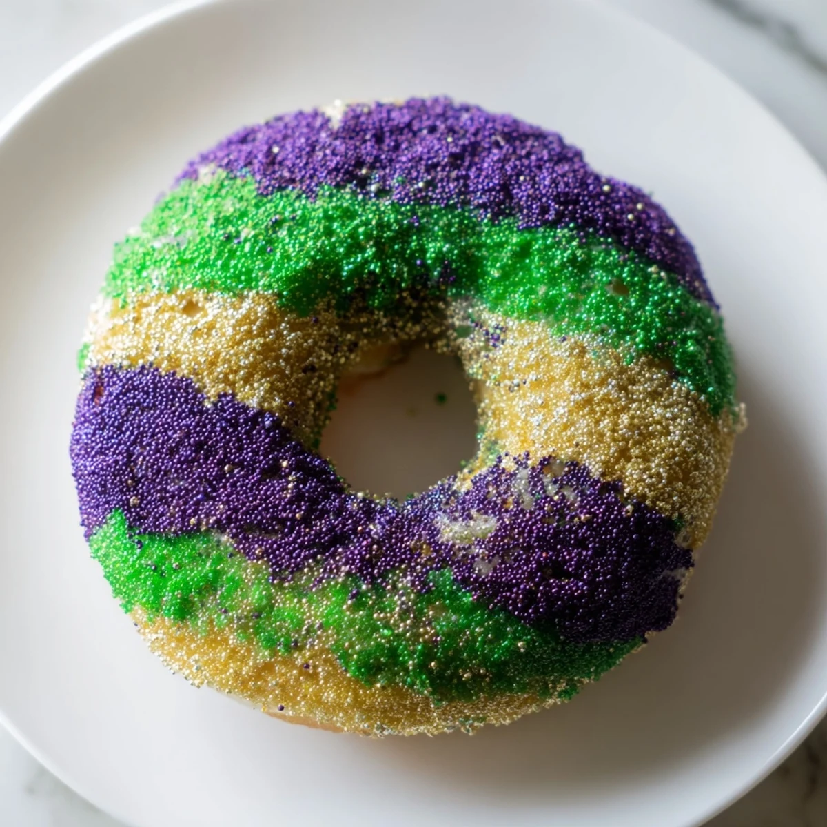 Warm, fluffy Mardi Gras Donuts arranged on a platter, ready for a festive celebration.