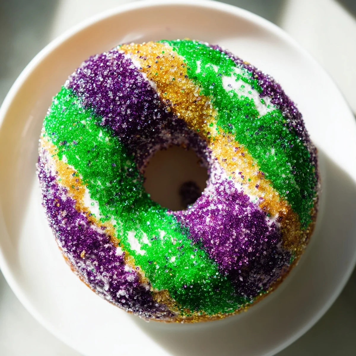 Golden brown Mardi Gras Donuts brushed with butter and coated in vibrant Mardi Gras sugars.