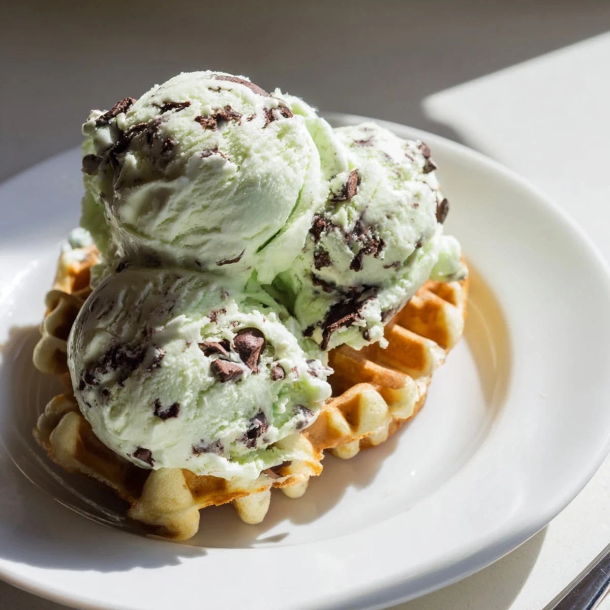 A warm, golden-brown waffle is generously topped with vibrant Mint Chocolate Chip Ice Cream and chocolate shavings.
