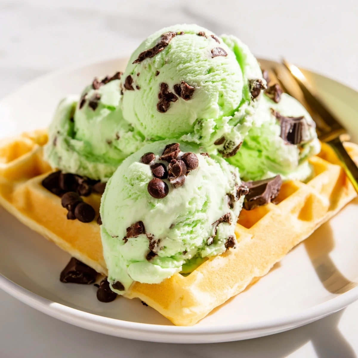 Cool, creamy Mint Chocolate Chip Ice Cream melts over a golden, crisp waffle, topped with extra chocolate chips.