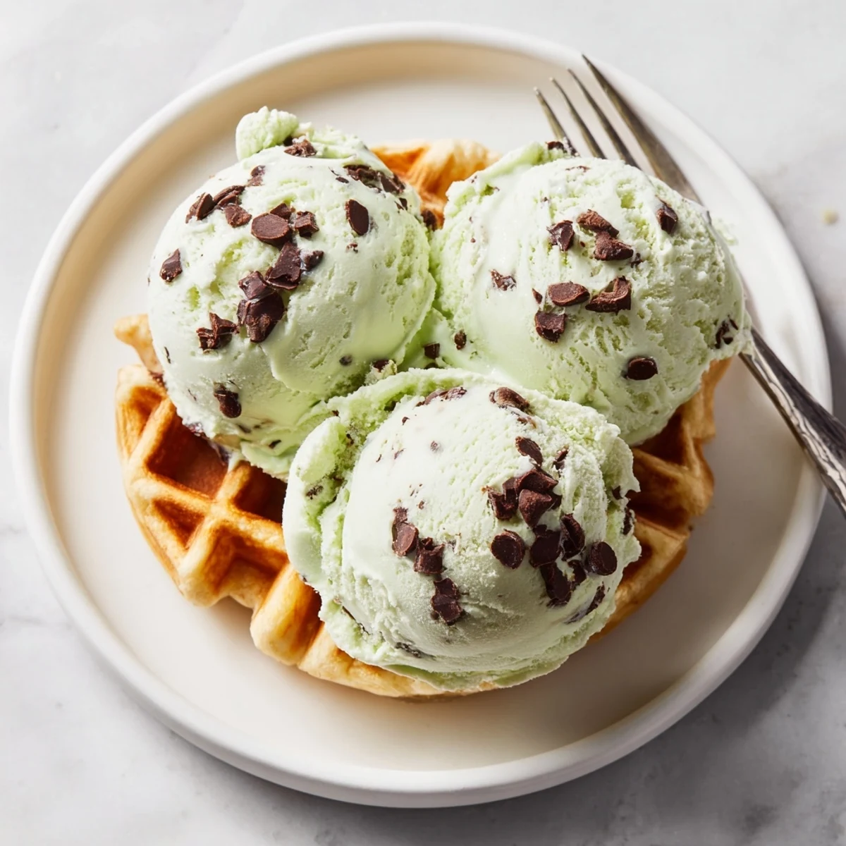 Golden waffle with scoops of refreshing Mint Chocolate Chip Ice Cream, garnished with fresh mint leaves for a vibrant touch.
