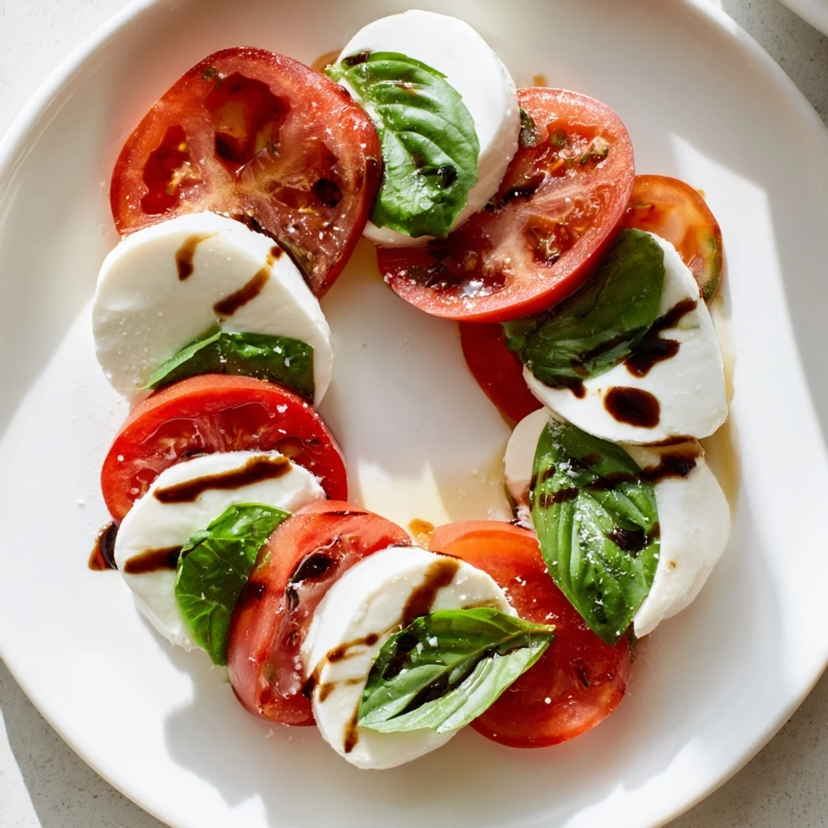 Artfully arranged Heart Caprese Salad with Balsamic Glaze, showcasing vibrant red tomatoes and white cheese hearts glistening with olive oil.