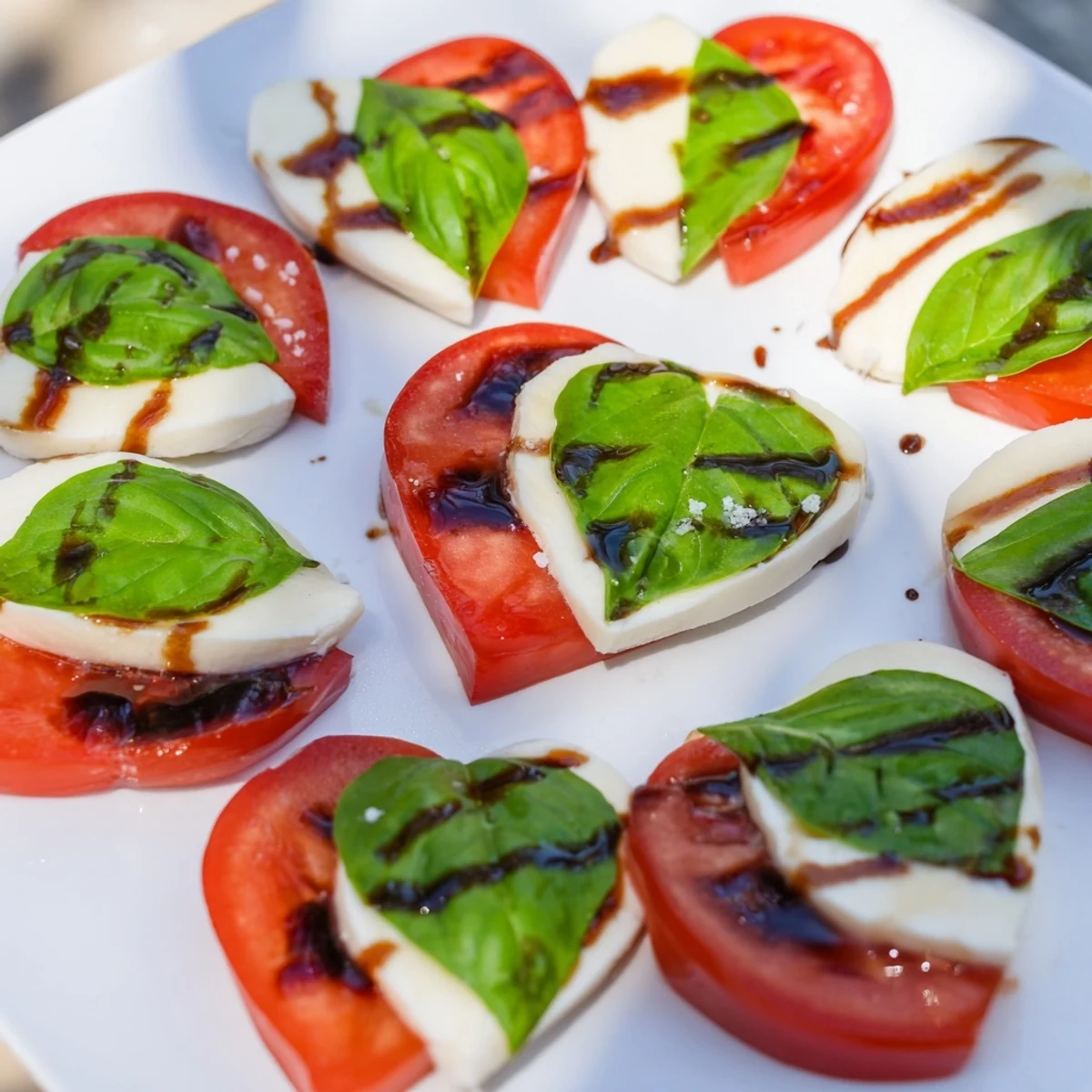 Freshly cut heart-shaped mozzarella and ripe tomatoes layered with basil, drizzled with sweet balsamic glaze on an elegant platter.