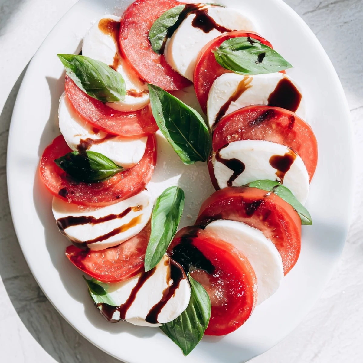 Close-up of Heart Caprese Salad with Balsamic Glaze on a plate, finished with fresh basil leaves and a rich, dark balsamic drizzle.