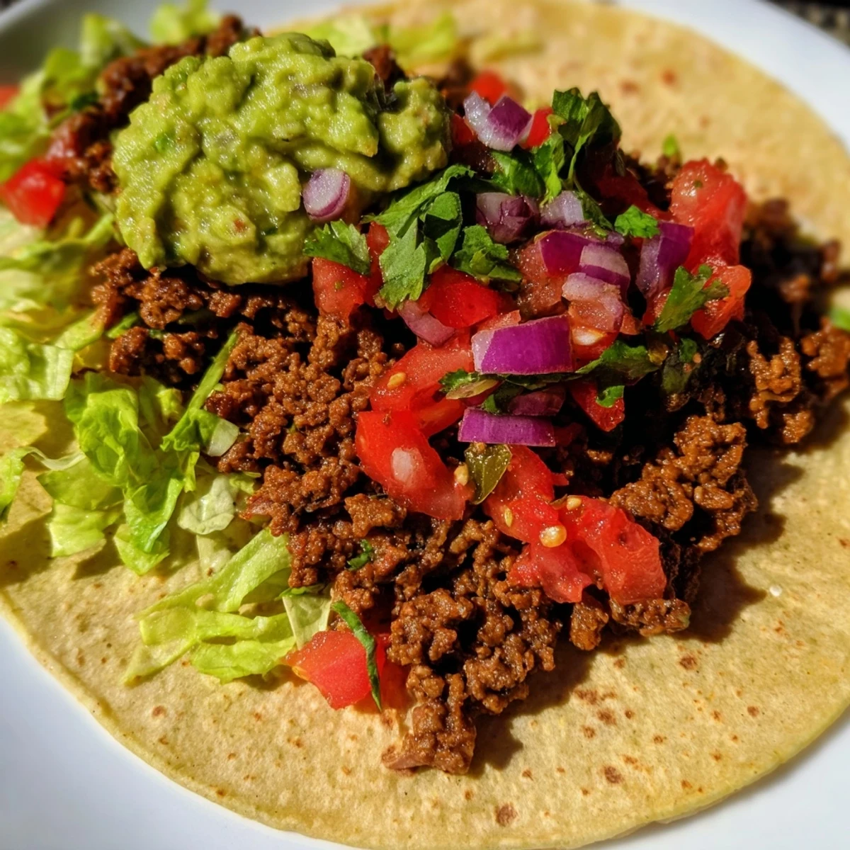 Juicy seasoned ground beef filling warm corn tortillas, topped with zesty homemade salsa and creamy guacamole for a vibrant, crowd-pleasing meal.