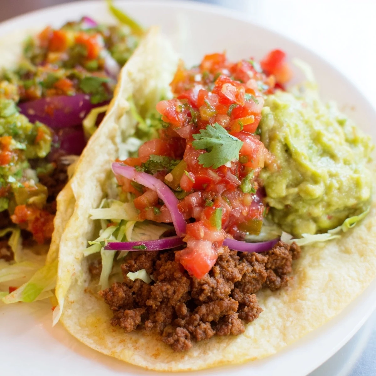Serving suggestion for homemade beef tacos with a side of salsa and guacamole, perfect for a quick and flavorful family dinner.