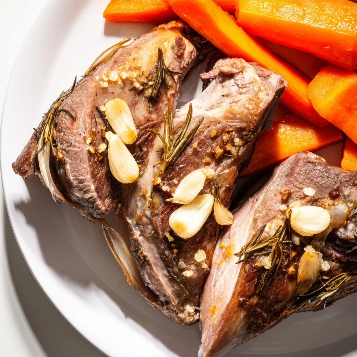 Succulent roasted lamb leg with rosemary and garlic rests on a bed of caramelized vegetables, glistening with pan juices for a festive centerpiece.  