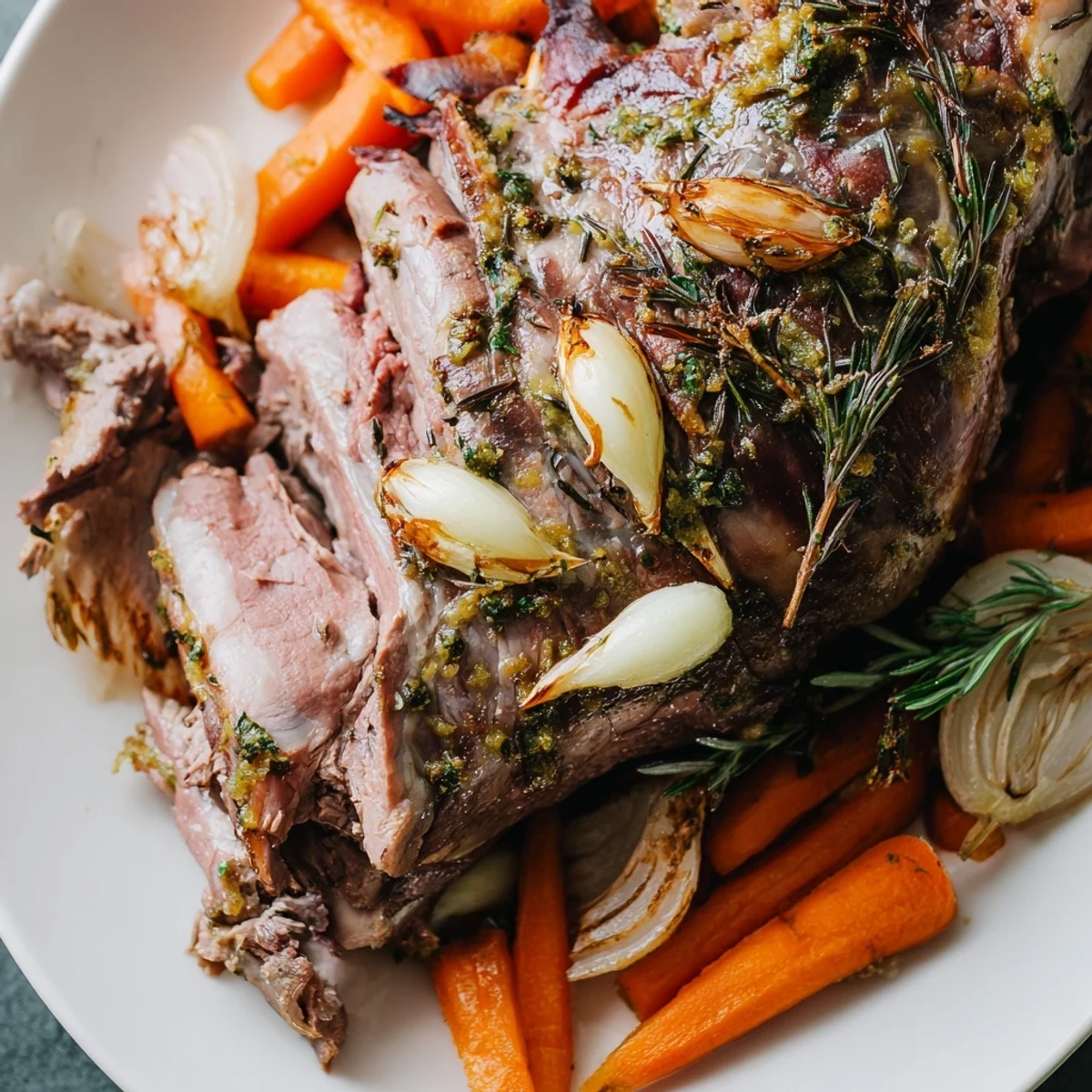 A perfectly roasted lamb leg infused with garlic and rosemary, sliced to reveal juicy pink meat alongside golden carrots and onions.  
