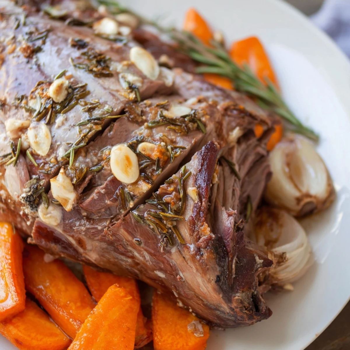Family-style platter of roasted lamb leg with rosemary and garlic, served with roasted vegetables and a drizzle of aromatic pan jus.