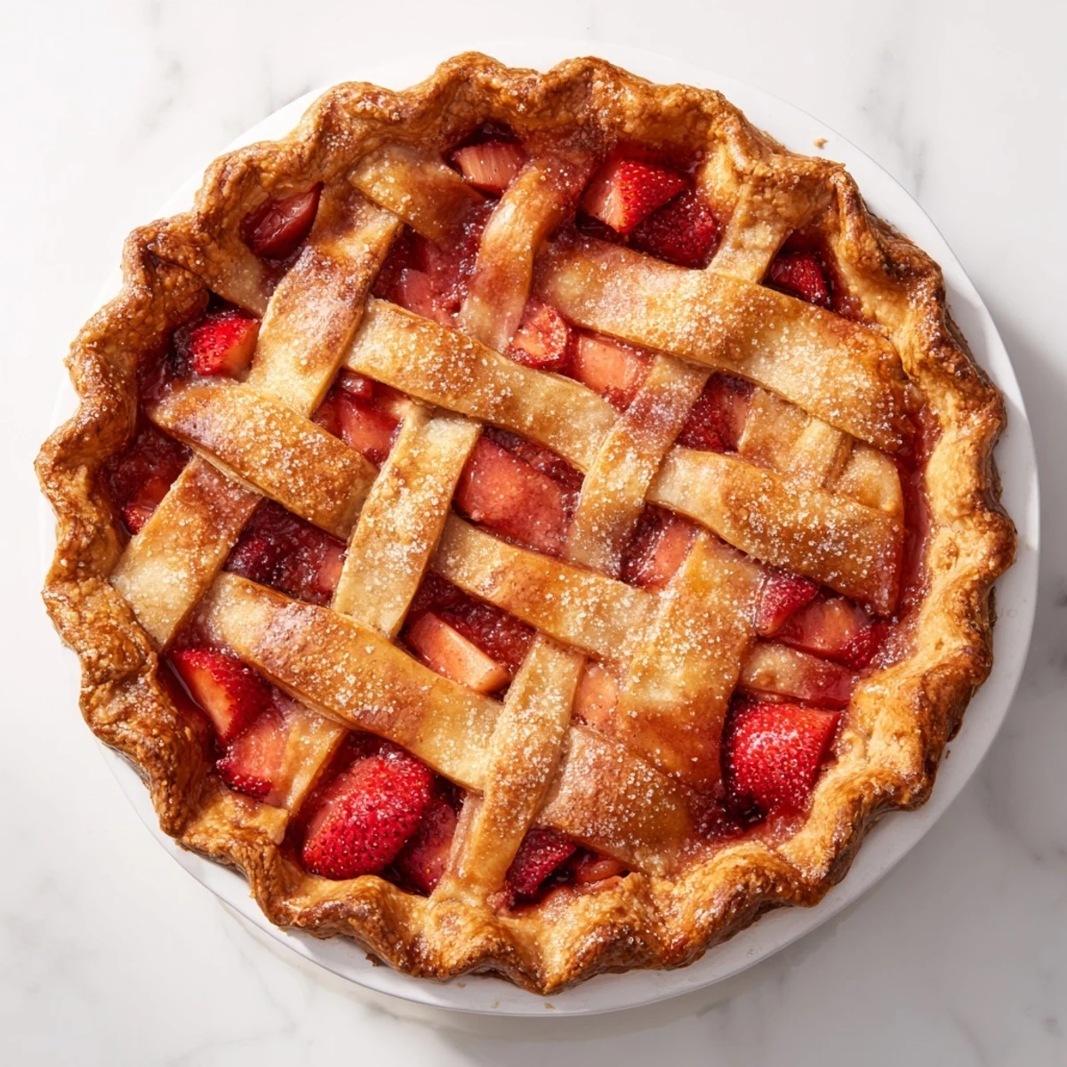Freshly baked Strawberry Rhubarb Pie with Lattice Crust on a rustic wooden table, topped with a scoop of vanilla ice cream melting slightly.