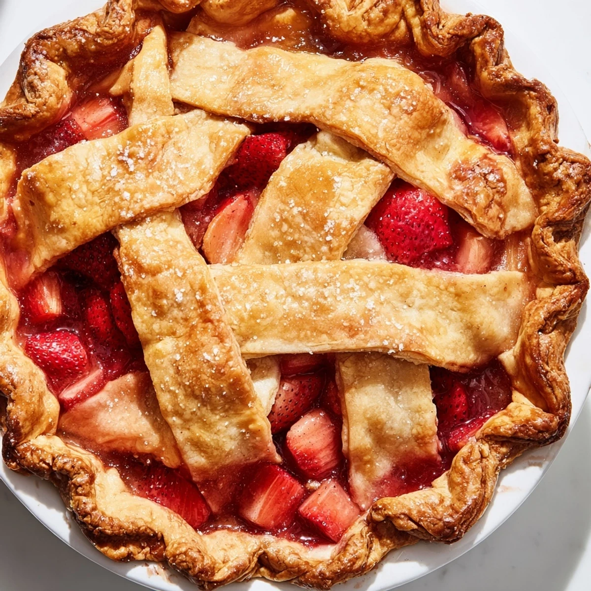 A slice of homemade Strawberry Rhubarb Pie with Lattice Crust, featuring a golden-brown, flaky crust and a sweet-tart filling bubbling from the edges.