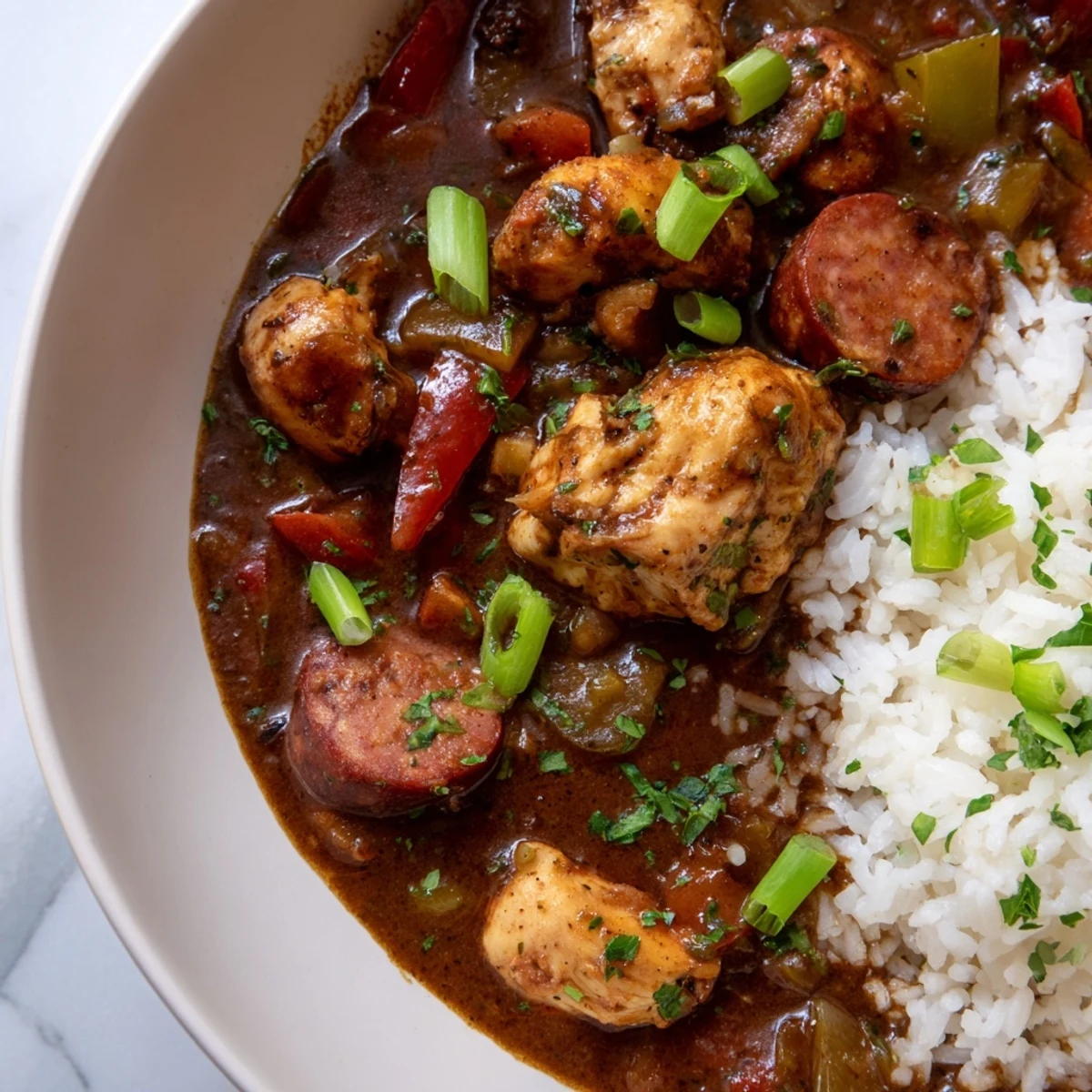 A hearty bowl of Cajun Chicken and Sausage Gumbo, rich dark roux broth with tender chicken and spicy andouille, served over fluffy white rice.