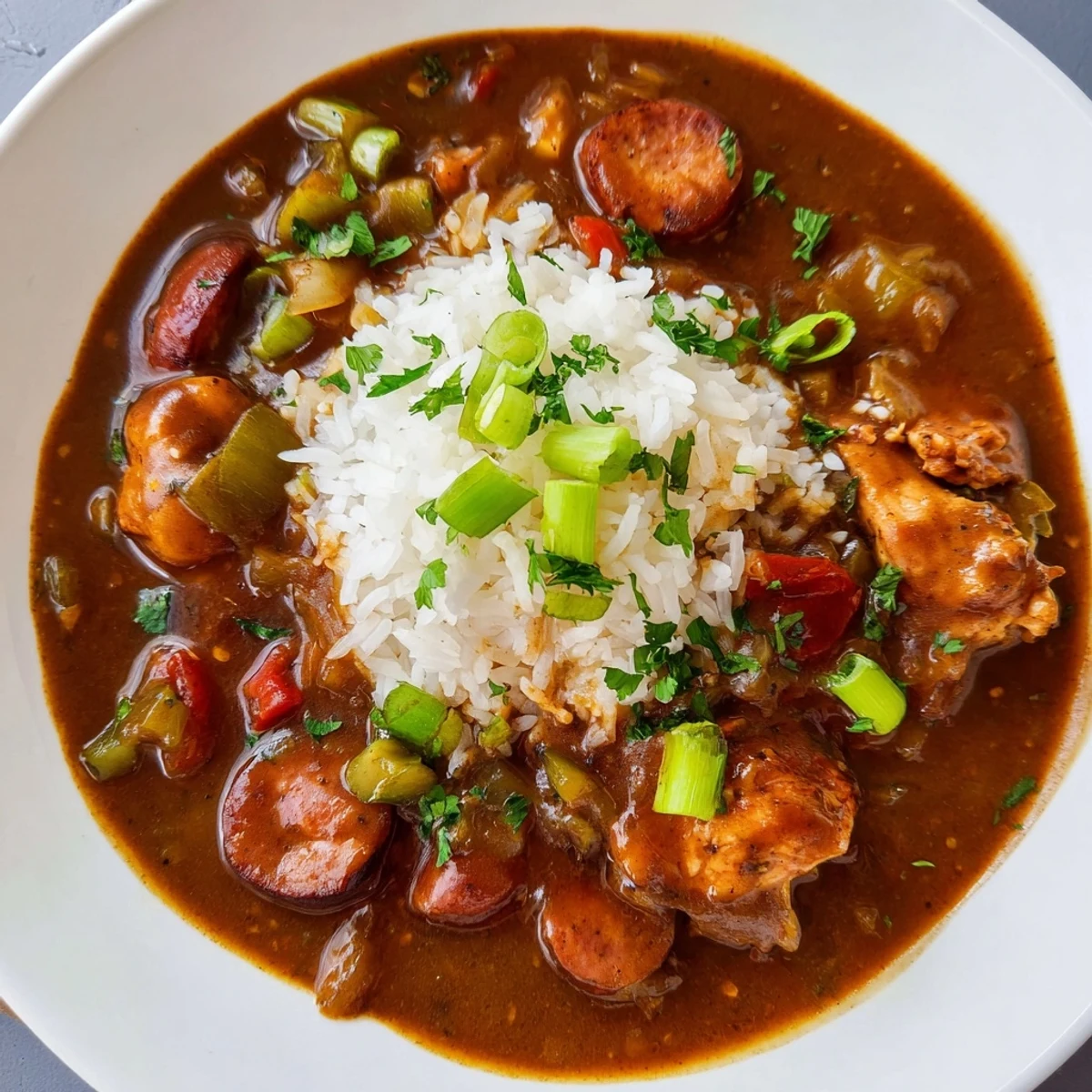 Deep amber Cajun Chicken and Sausage Gumbo simmering with chicken, sausage, and peppers in a Dutch oven, perfect for a cozy Southern dinner.