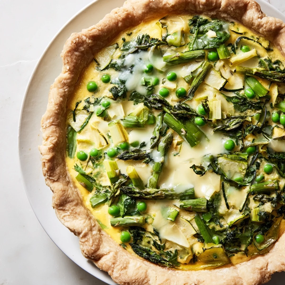 Savory Spring Vegetable Quiche slice on a white plate, with fresh spinach, zucchini, and melted Gruyère cheese.  