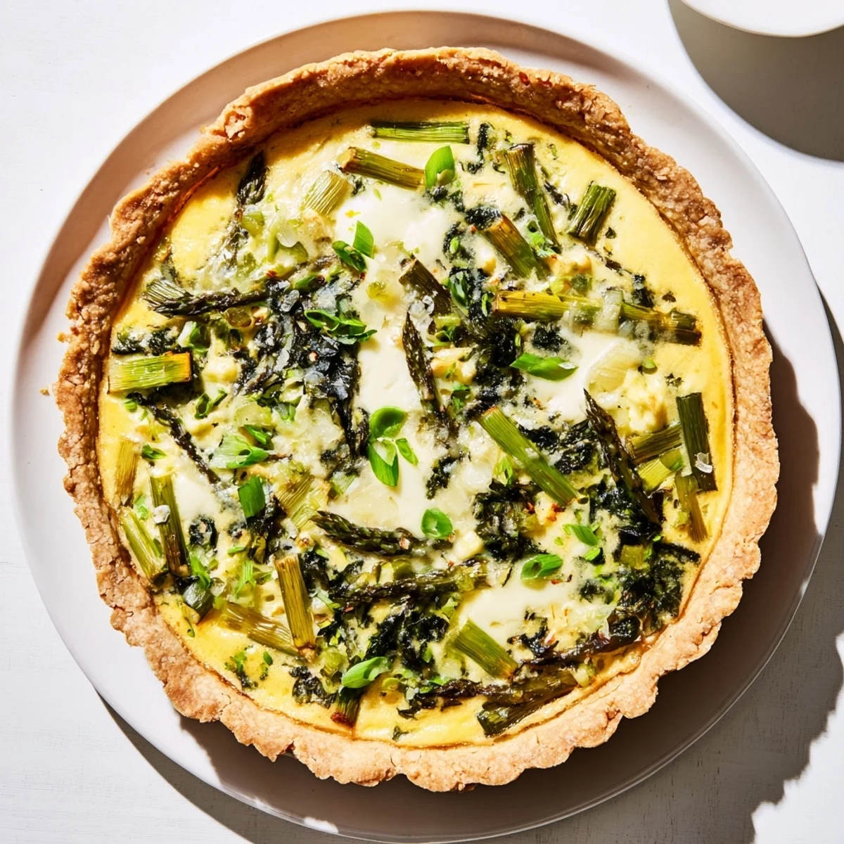 Warm Spring Vegetable Quiche with flaky pastry crust, colorful vegetables, and a creamy custard filling for brunch.