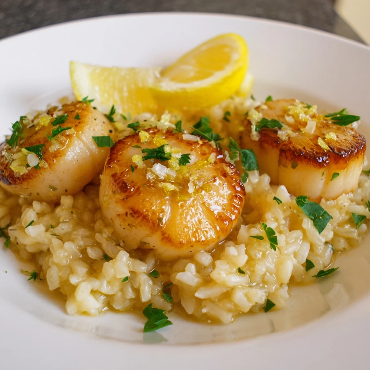 Golden-brown Lemon Garlic Scallops resting on creamy Parmesan risotto, garnished with fresh parsley and a lemon wedge.