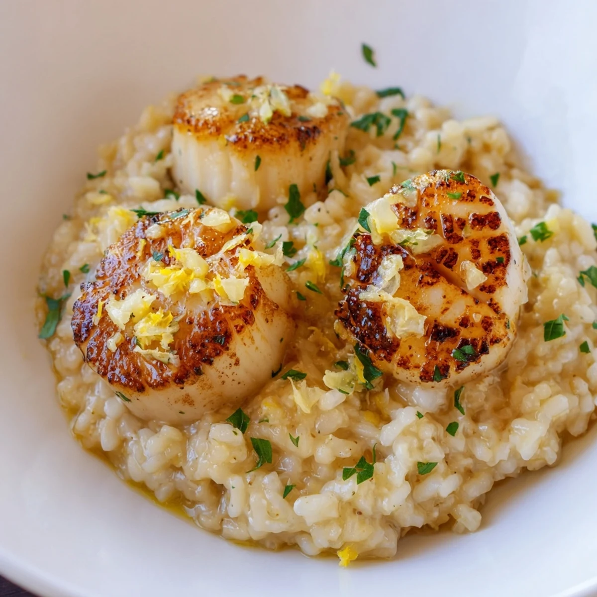 Lemon Garlic Scallops with Risotto: tender seafood and velvety rice topped with a rich, buttery lemon garlic sauce.