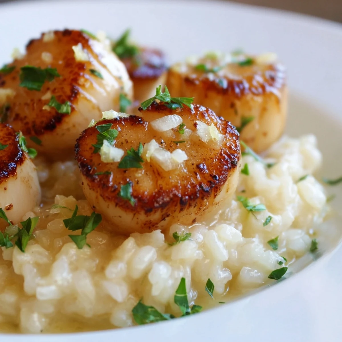 Close-up of seared Lemon Garlic Scallops beside fluffy risotto, showcasing the bright, aromatic citrus and herb garnish.