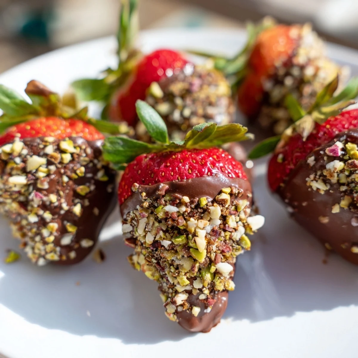Bright red strawberries dipped in silky dark chocolate and coated with crunchy mixed nuts, creating an elegant homemade dessert.  