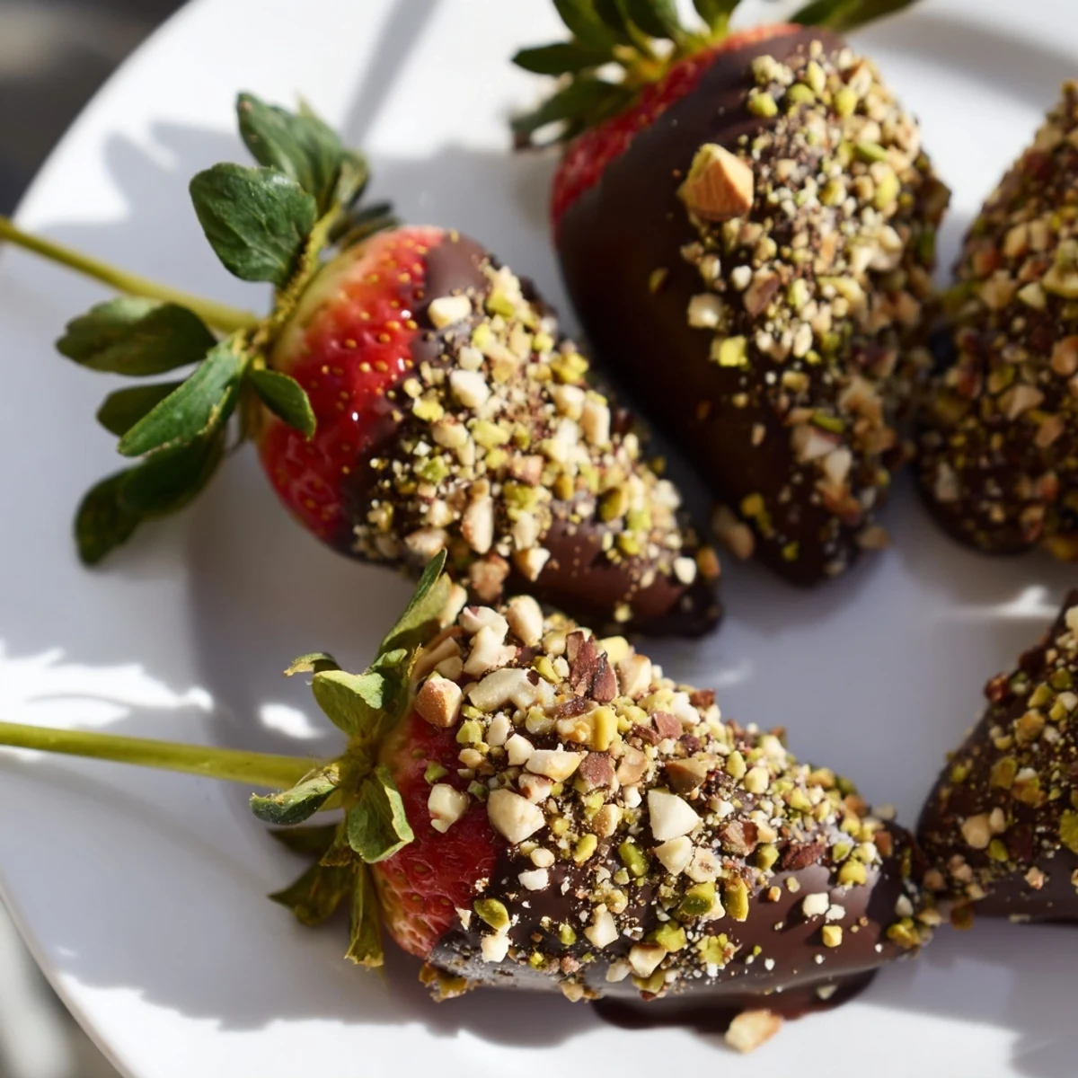 A close-up of chocolate-dipped strawberries with nuts, showing glossy chocolate shells and glistening berry surfaces.  