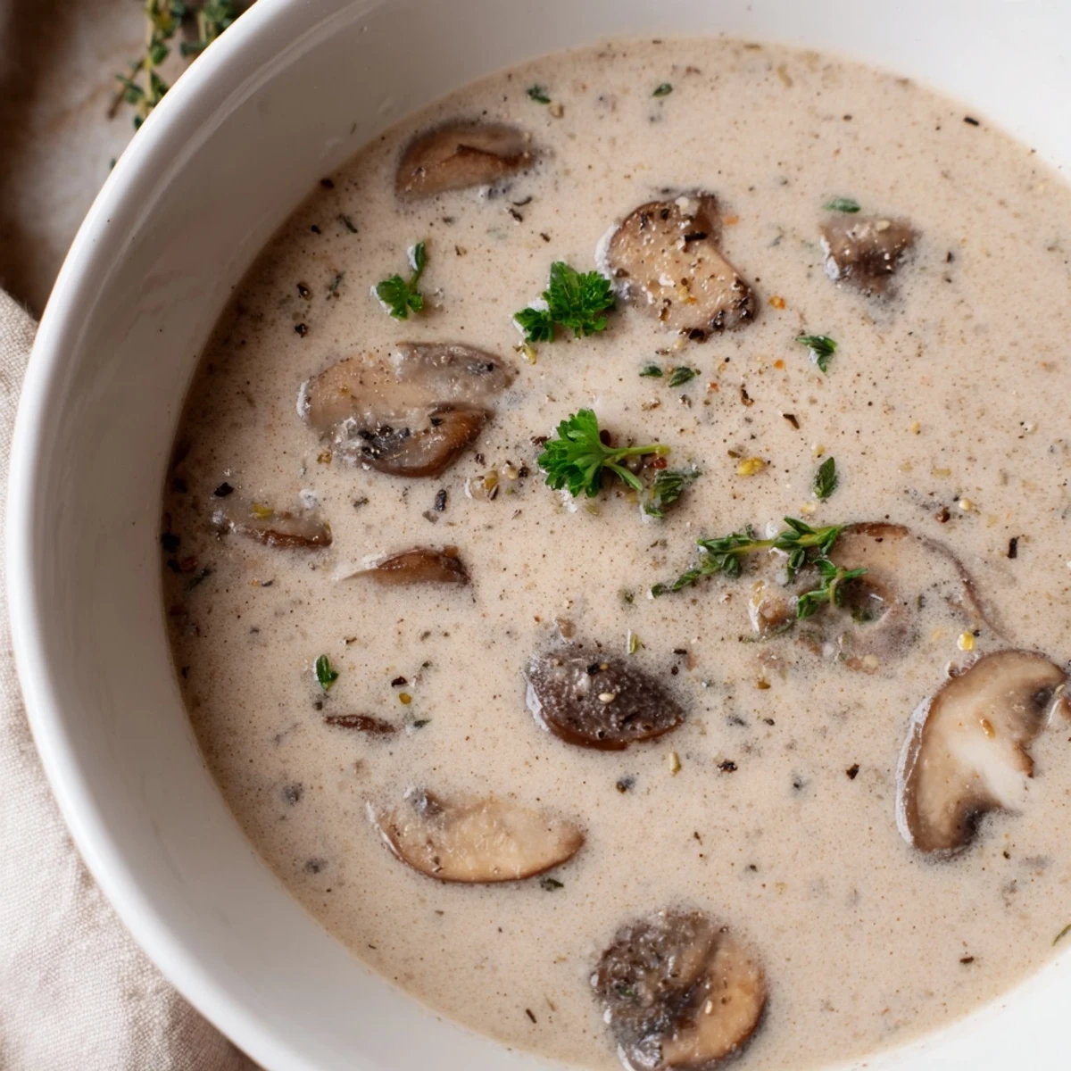 A bowl of creamy mushroom soup with thyme, garnished with fresh parsley and a drizzle of cream.