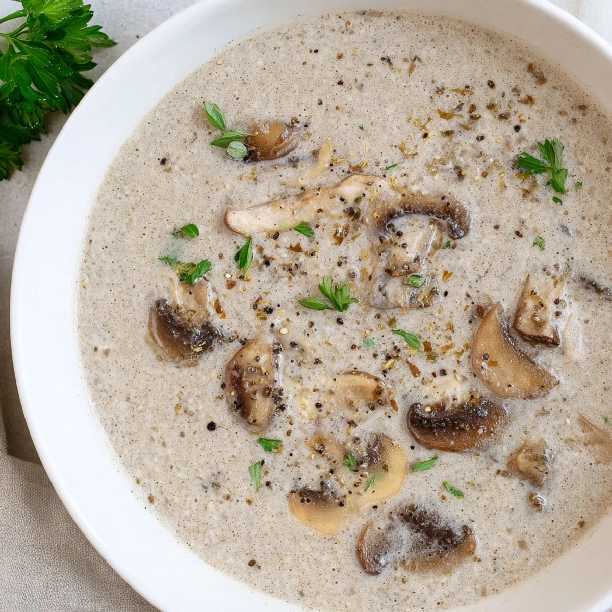 Rich creamy mushroom soup with thyme, featuring sautéed mushrooms and fresh herbs, perfect for a comforting dinner.